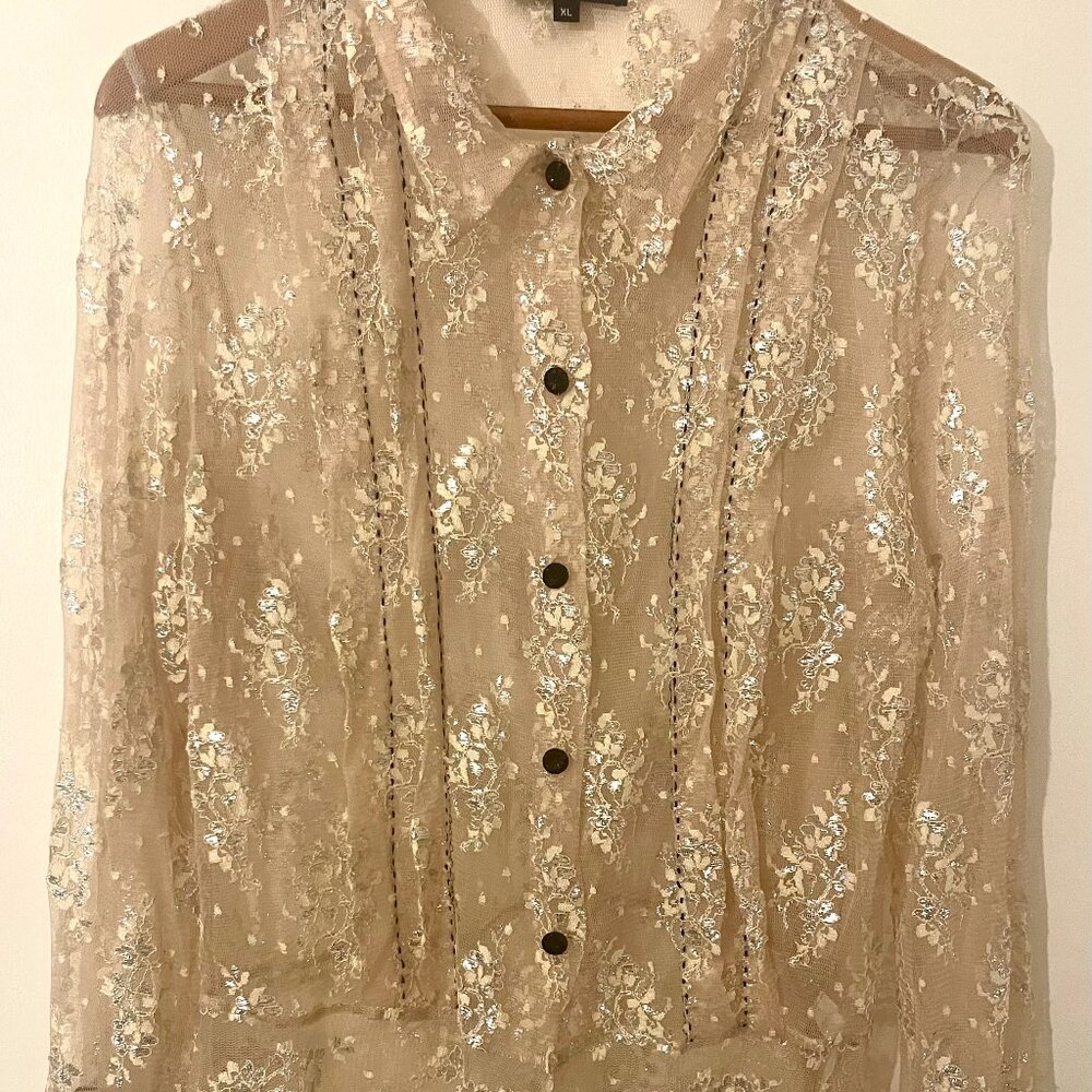 Vintage Karen Kane Sheer Lace Button Up Top With Black Accents, XL